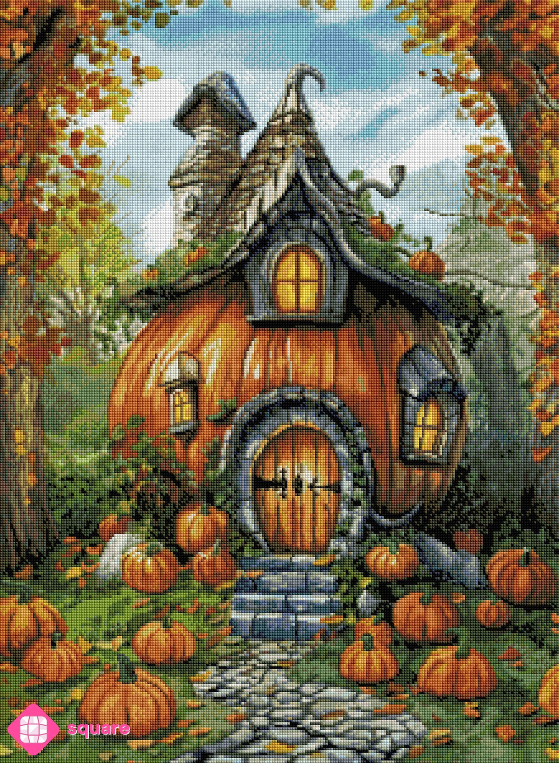 Diamond Painting Vorschau mit Kürbishaus in Herbstlandschaft in Steinoptik