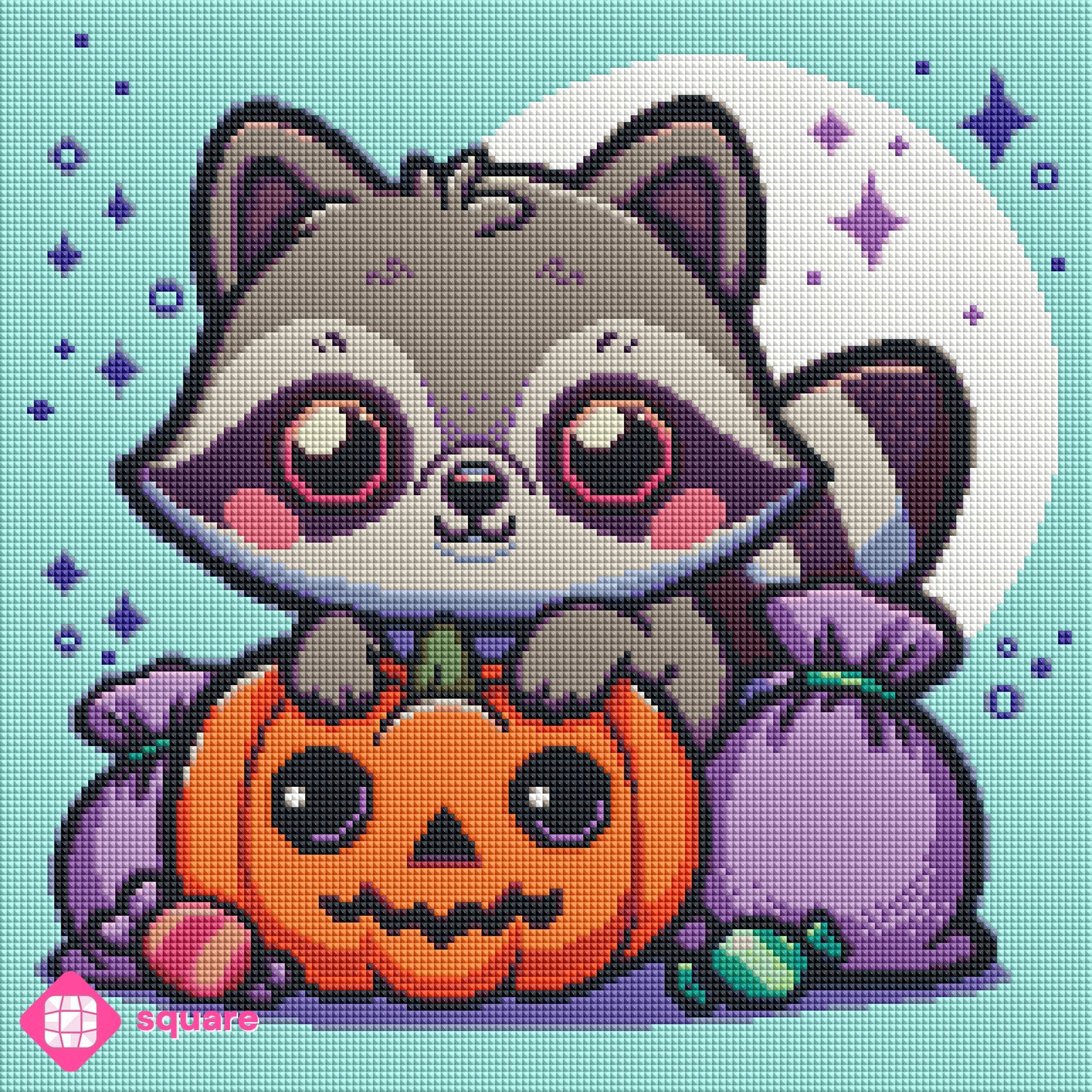 Diamond Painting Vorschau mit Waschbär Motiv und  Halloween Details