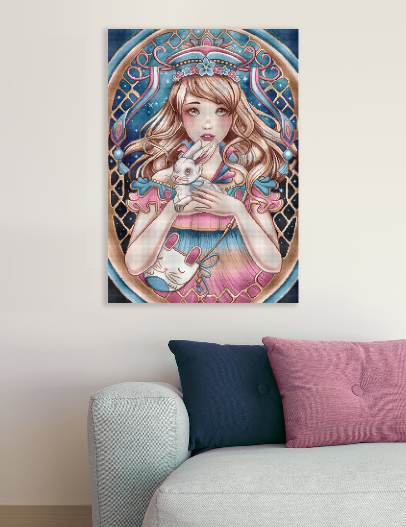 Märchenhaftes Diamond Painting mit Mädchen, weißem Hasen und funkelndem Sternenhimmel als zauberhafte Wanddekoration