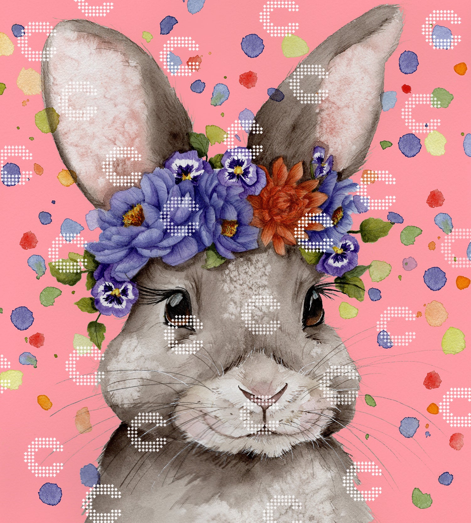 Diamond Painting Originalbild mit einem niedlichen kleinen Hasen mit glänzenden Augen und langen Ohren, geschmückt mit einem prachtvollen Blumenkranz aus tiefblauen und warmen Blüten vor einem fröhlichen rosa Hintergrund mit bunten Konfettipunkten