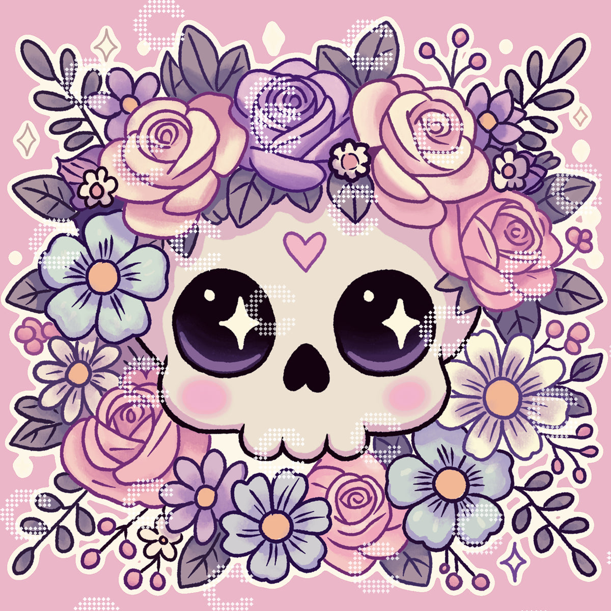 Diamond Painting Künstlermotiv mit einem niedlichen Totenkopf, umgeben von üppigen Blumen in zarten Pastellfarben vor einem rosafarbenen Hintergrund