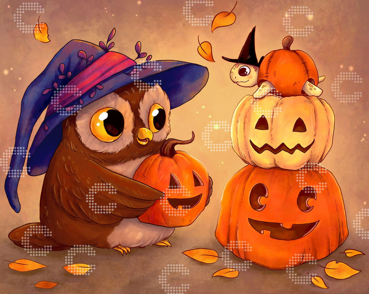 Diamond Painting Kürbis Motiv mit herbstlicher Eule mit Zauberhut und kleinem Schildkröten Freund