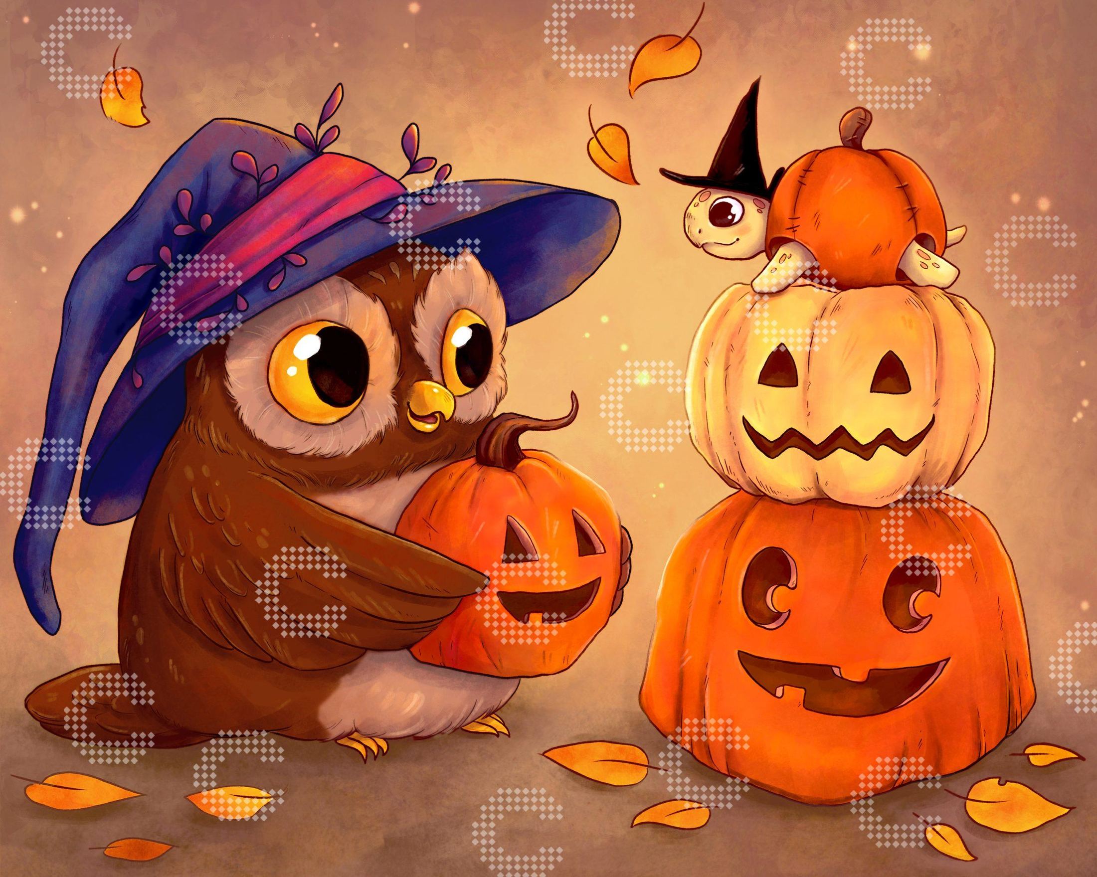 Diamond Painting Kürbis Motiv mit herbstlicher Eule mit Zauberhut und kleinem Schildkröten Freund