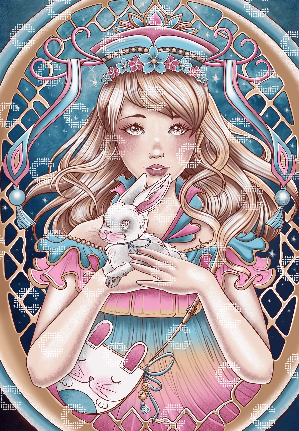 Diamond Painting Originalmotiv mit einem Mädchen im verspielten Rüschenkleid und einer niedlichen Hasentasche, begleitet von ihrem kleinen weißen Hasen, vor einem tiefblauen Nachthimmel mit funkelnden Sternen und umgeben von filigranen goldenen Strukturen