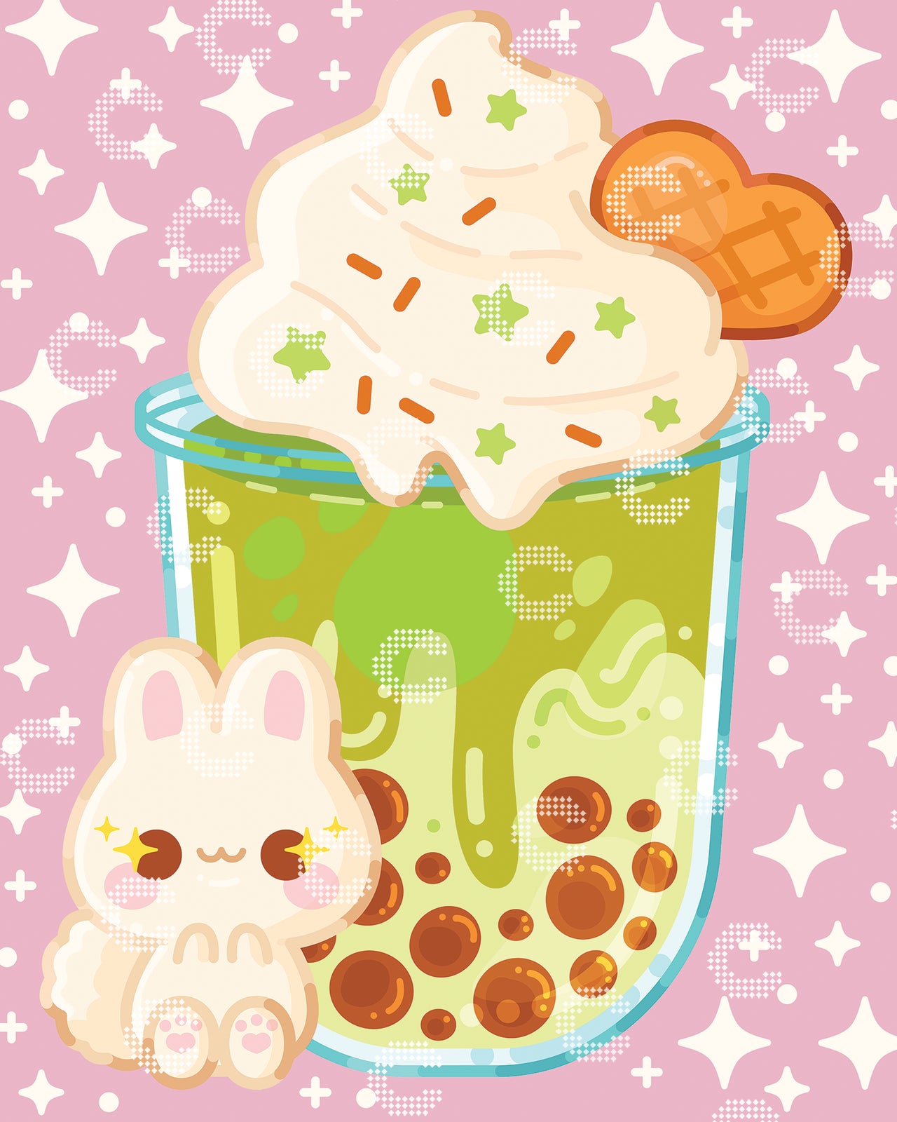 Diamond Painting Originalbild mit einem winzigen, niedlichen Häschen neben einem großen Glas Matcha Latte vor einem pastellrosa Hintergrund mit funkelnden Sternen, verziert mit Schlagsahne, grünen Sternchen-Streuseln und einem kleinen herzförmigen Keks