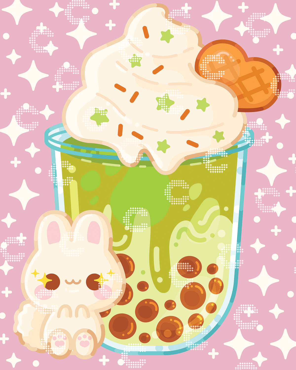 Diamond Painting Originalbild mit einem winzigen, niedlichen Häschen neben einem großen Glas Matcha Latte vor einem pastellrosa Hintergrund mit funkelnden Sternen, verziert mit Schlagsahne, grünen Sternchen-Streuseln und einem kleinen herzförmigen Keks