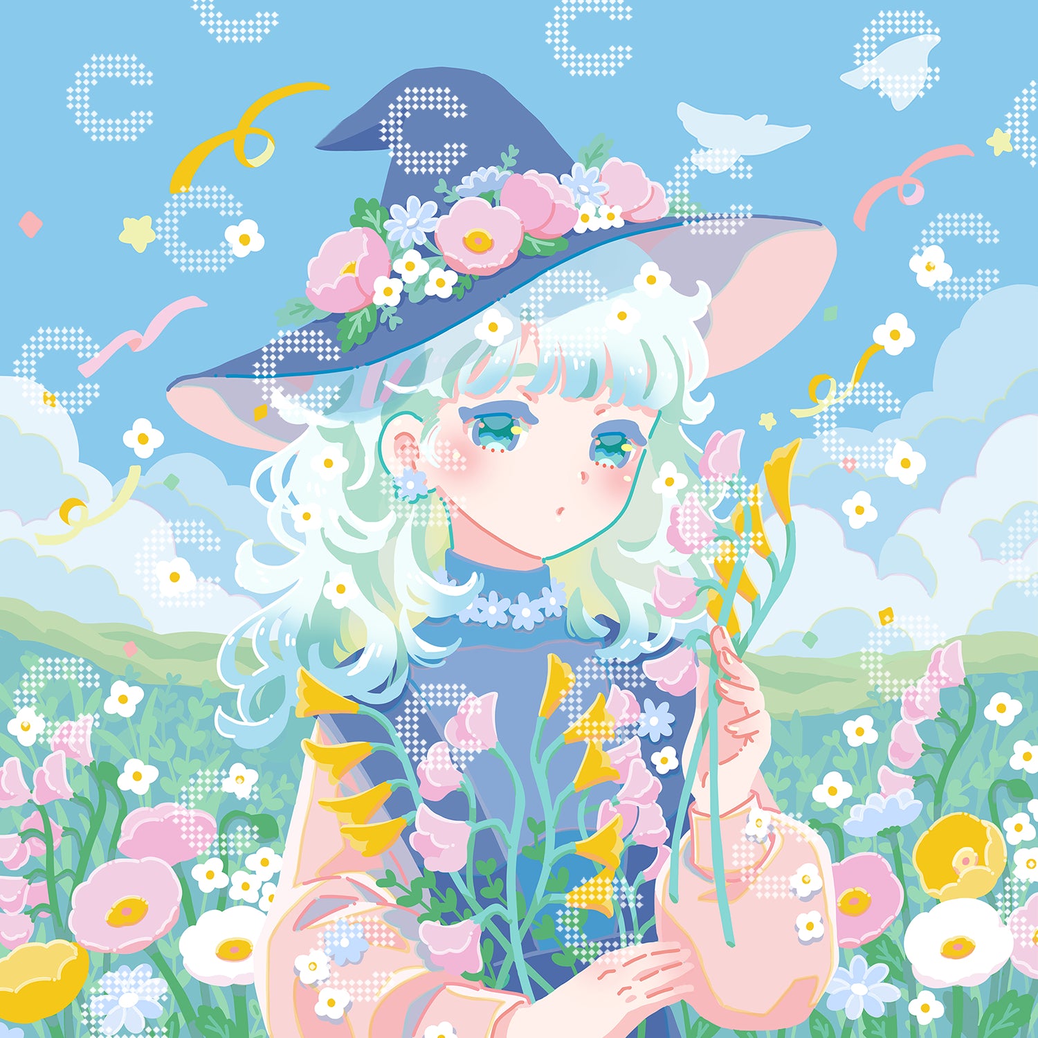 Diamond Painting von Hiroko mit einer jungen Hexe mit spitzem, mit Blumen geschmücktem Hut, die mit einem Strauß frisch gesammelter Wildblumen in den Händen auf einer verträumten Blumenwiese steht