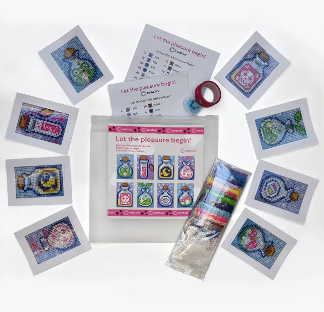 Diamond Painting Set mit 8 Mini Leinwänden mit Zauberfläschchen Motiven und Zubehör