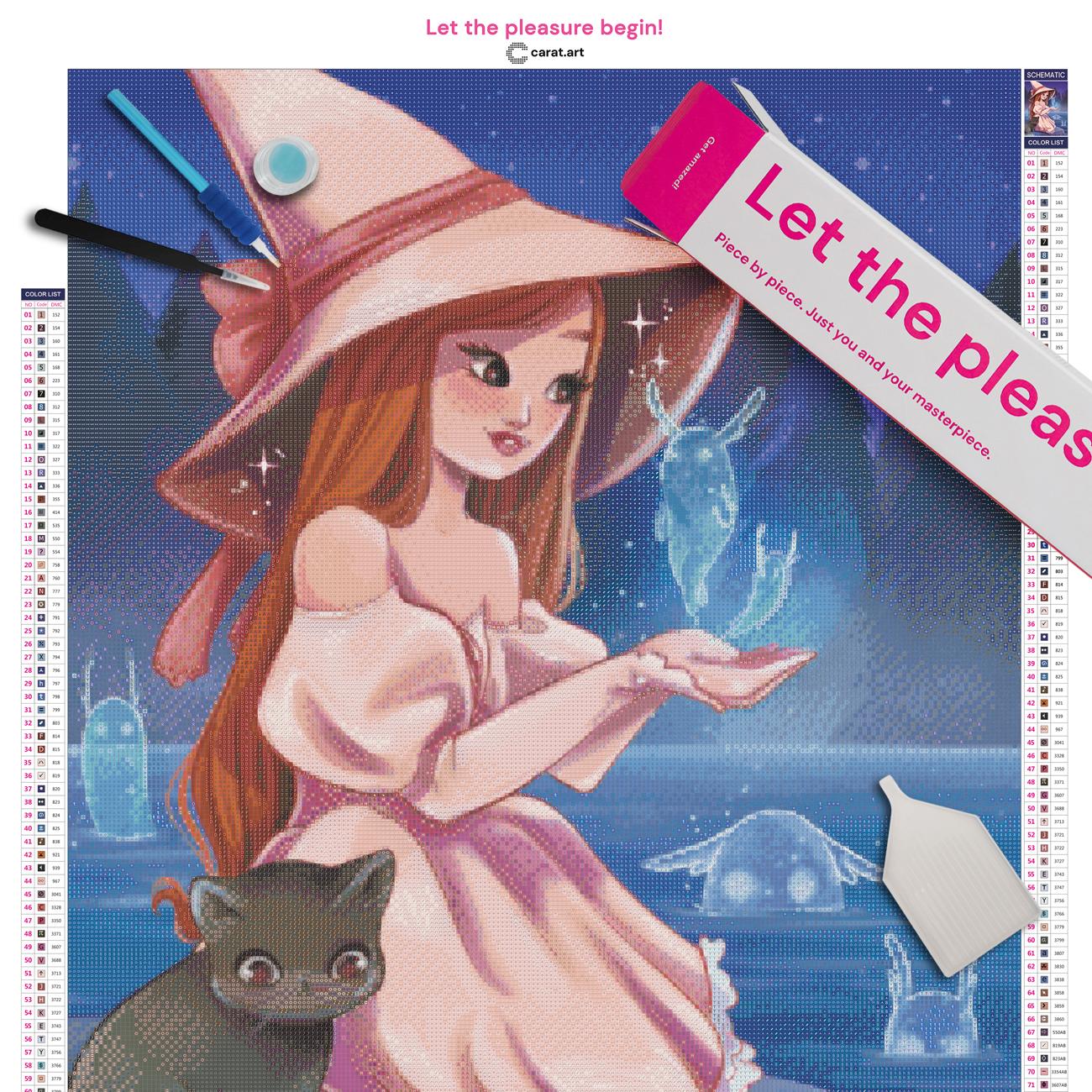 Diamond Painting Set mit kleiner Hexe, schwarzer Katze und leuchtenden Wassergeistern inklusive Leinwand, Carat Art Karton und hochwertigem Zubehör