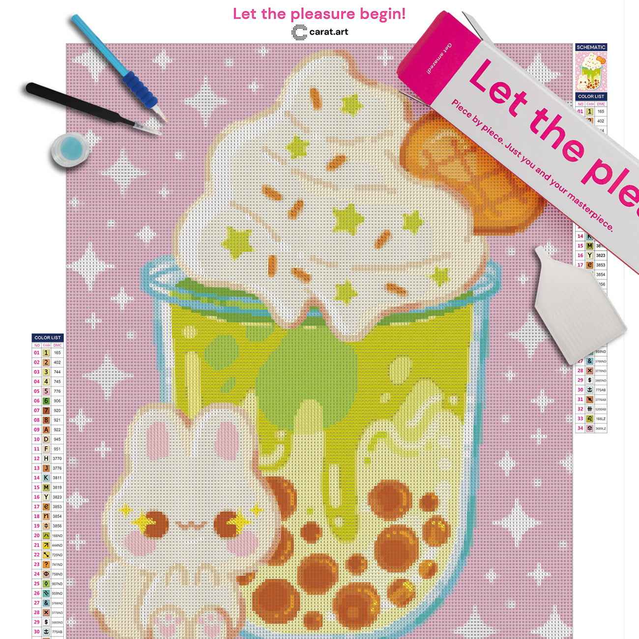 Diamond Painting Set mit kleinem Häschen und großem Matcha Latte mit Schlagsahne, grünen Sternchen-Streuseln, herzförmigem Keks und dunklen Tapiokaperlen inklusive Leinwand, Carat Art Karton und hochwertigem Zubehör