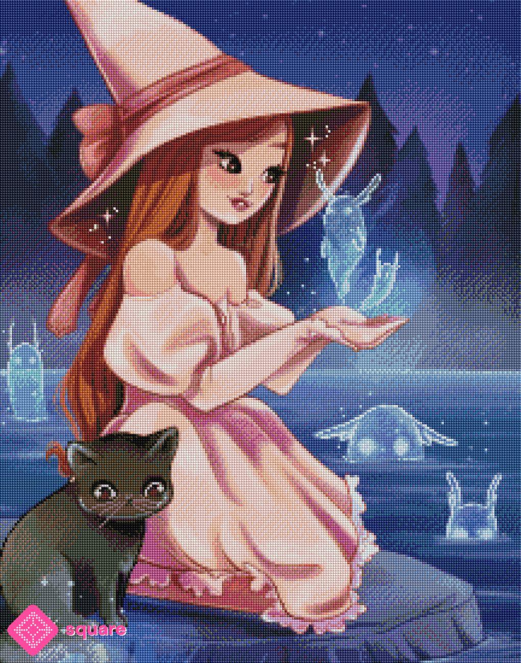 Vorschau eines zauberhaften Diamond Paintings mit Hexe, schwarzer Katze und magischen Wassergeistern am Fluss in der Nacht in funkelnder Steinoptik