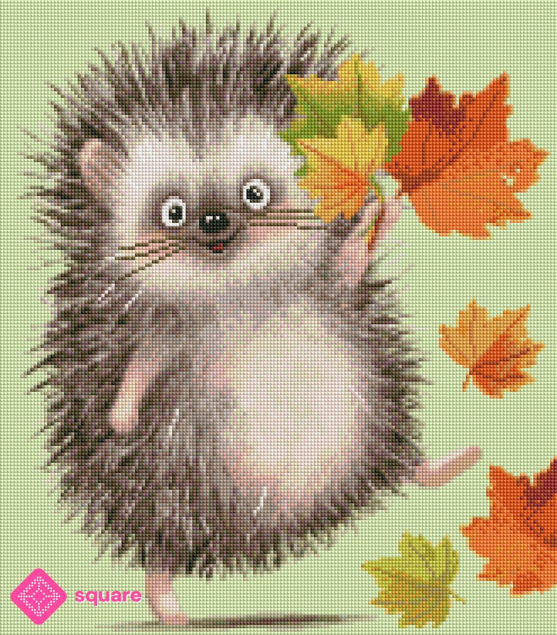 Diamond Painting Vorschau Igel mit bunten Herbstblättern