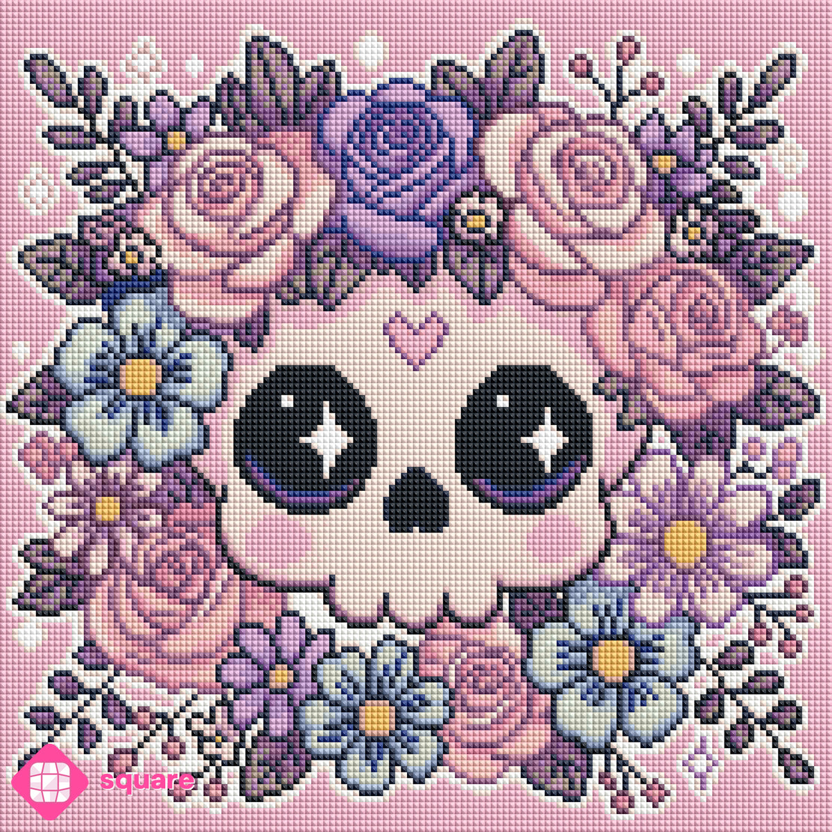 Diamond Painting Vorschau mit niedlichem Totenkopf und liebevoll gestalteten Blumen in harmonischen Pastellfarben vor einem rosa Hintergrund  in funkelnder Steinoptik als Render-Vorschau