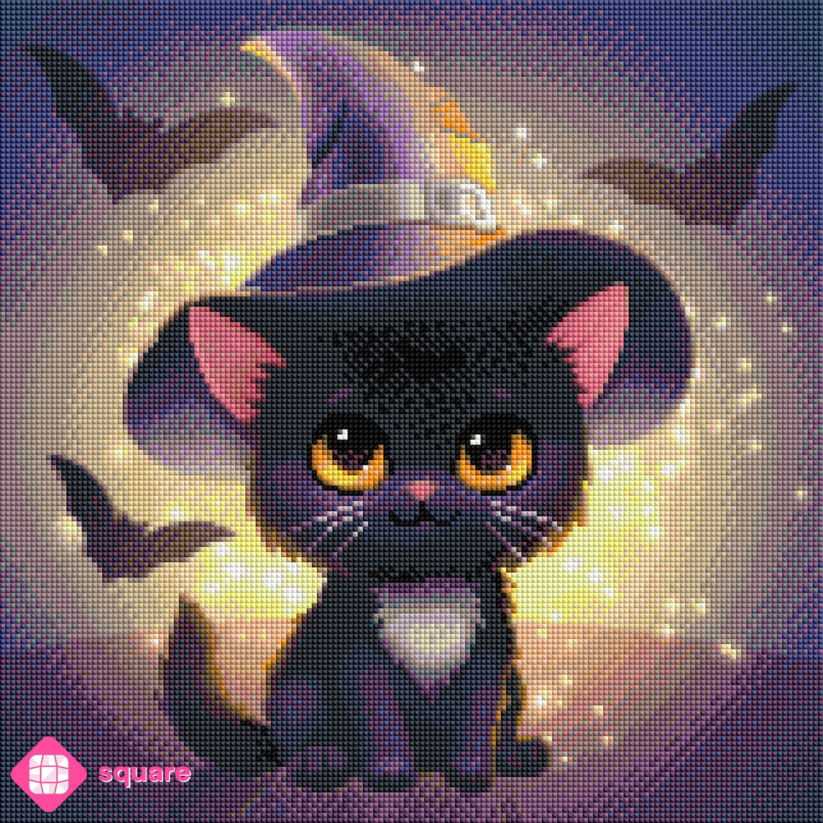 Diamond Painting Vorschau mit Halloween Katzenmotiv und funkelnder Steinoptik