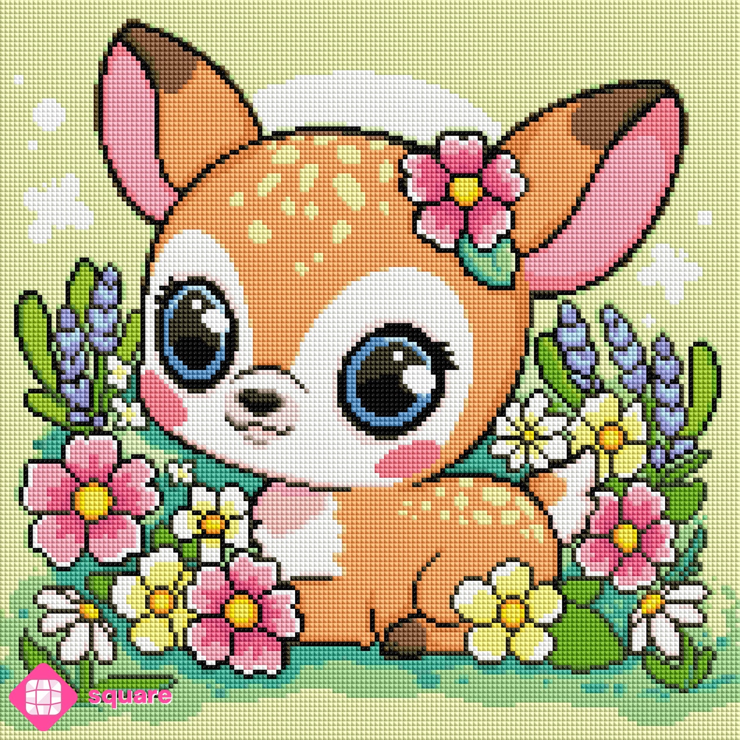 Diamond Painting Vorschau mit niedlichem Rehkitz und großen Augen inmitten einer farbenfrohen Waldwiese mit zahlreichen Blumen in funkelnder Steinoptik