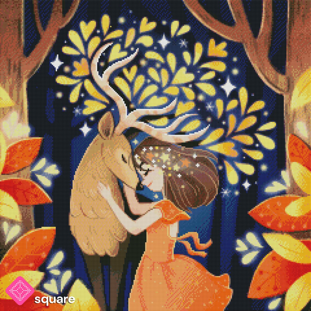 Diamond Painting Vorschau mit Mädchen, Hirsch und Fantasy Motiv und funkelnden Details