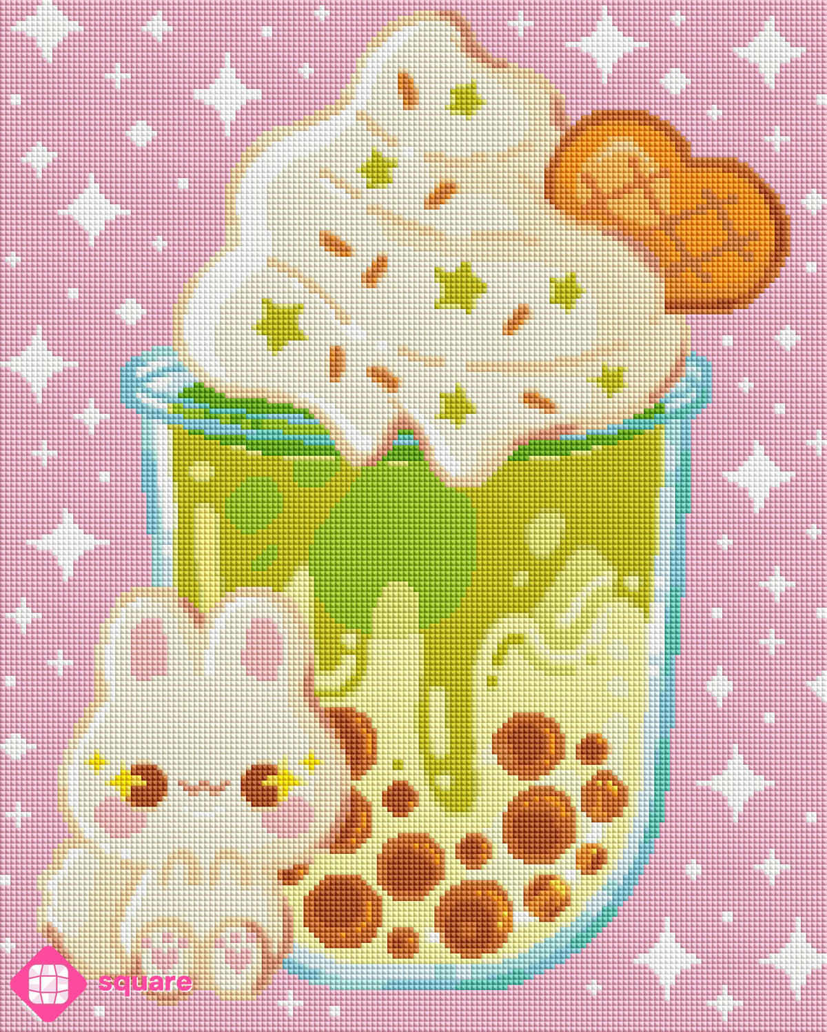 Diamond Painting Vorschau mit niedlichem Häschen und einem cremigen Matcha Latte mit Schlagsahne, grünen Sternchen-Streuseln und herzförmigem Keks vor einem rosa Sternenhimmel  in funkelnder Steinoptik als Render-Vorschau