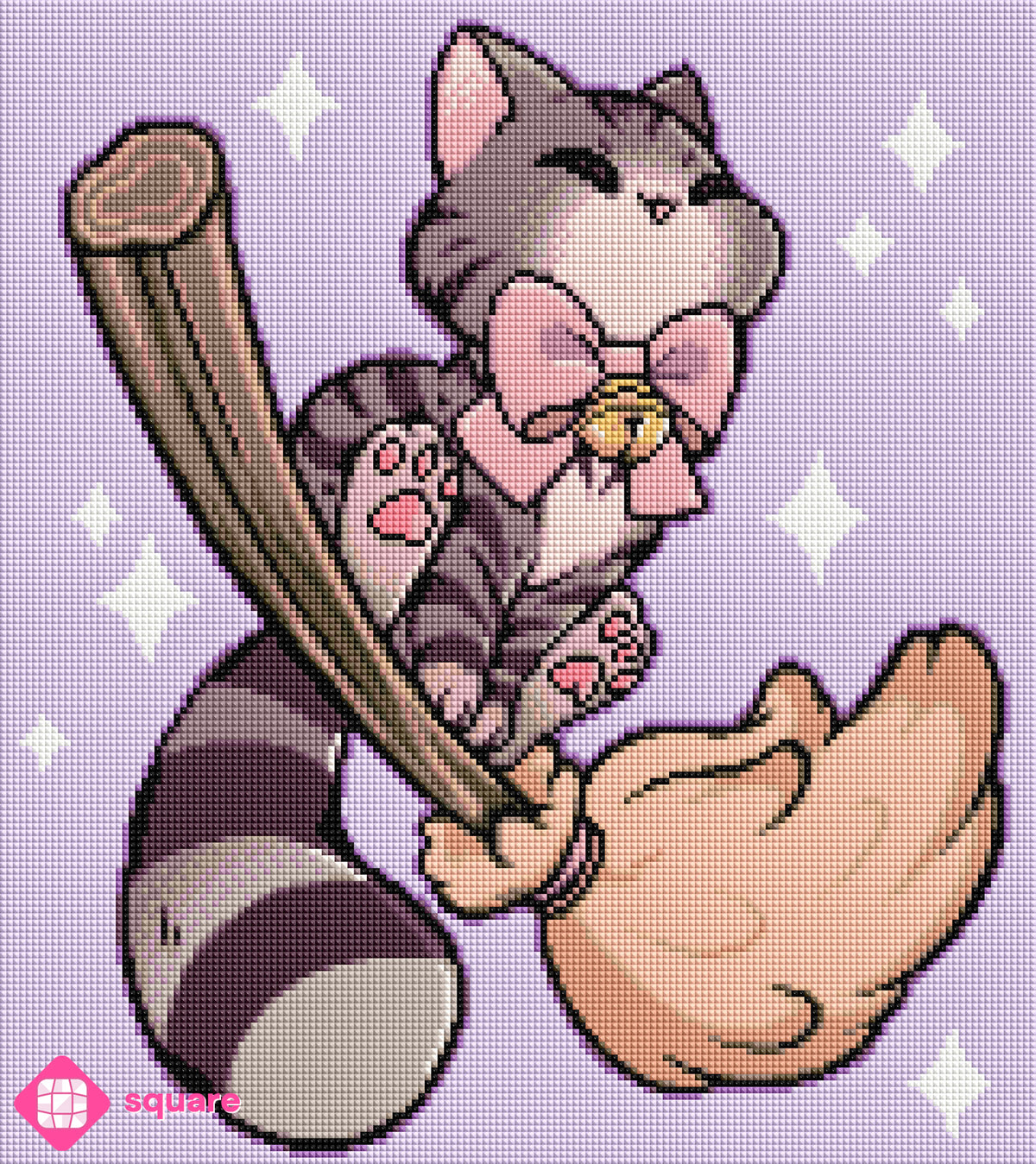 Diamond Painting Vorschau mit Katze und Hexen Besen