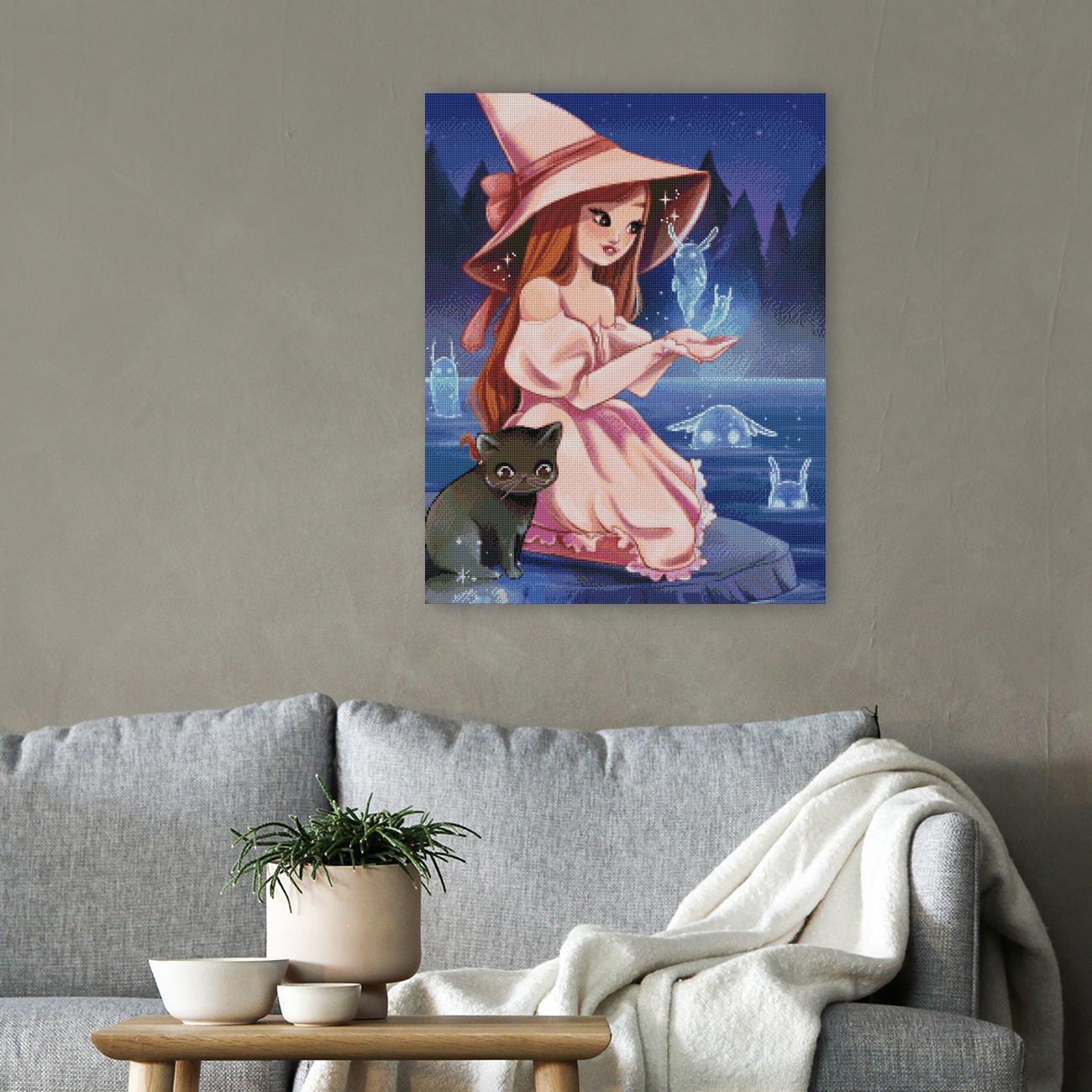 Magisches Diamond Painting mit Hexe und schwarzer Katze am Fluss als stimmungsvolle Fantasy Wanddekoration