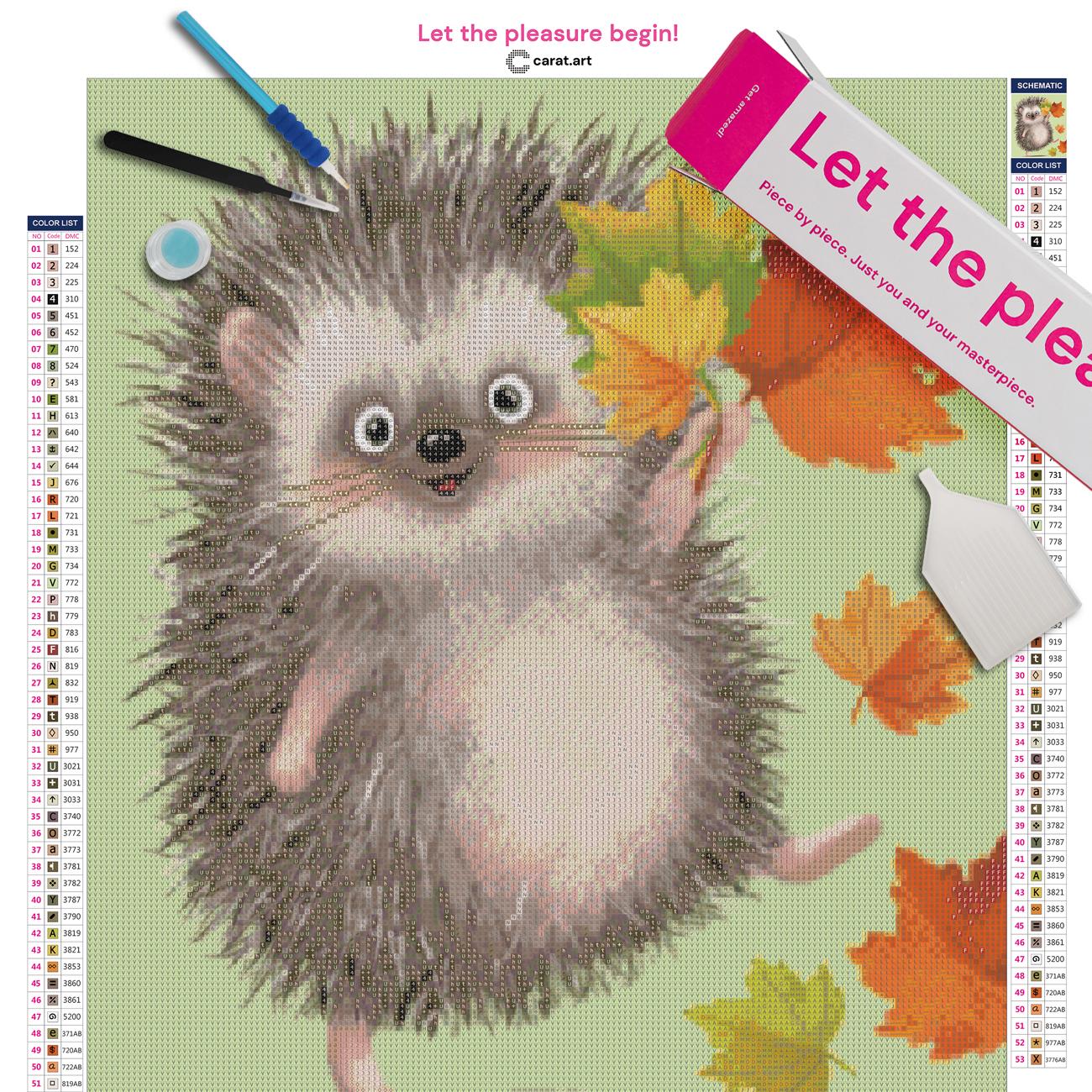 Premium Diamond Painting Set Igel mit Herbstblätter Motiv und hochwertigem Zubehör