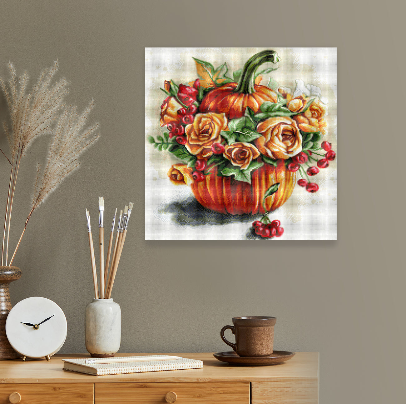 Diamond Painting Kürbis mit Blumen als dekoratives Herbstbild