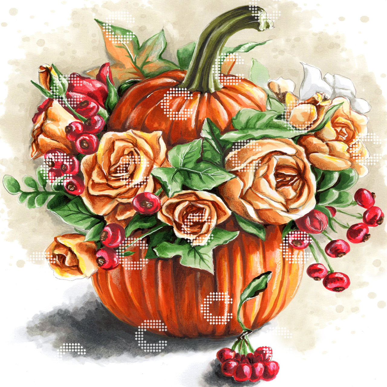 Diamond Painting Kürbis mit Blumen, Beeren und herbstlichem Design