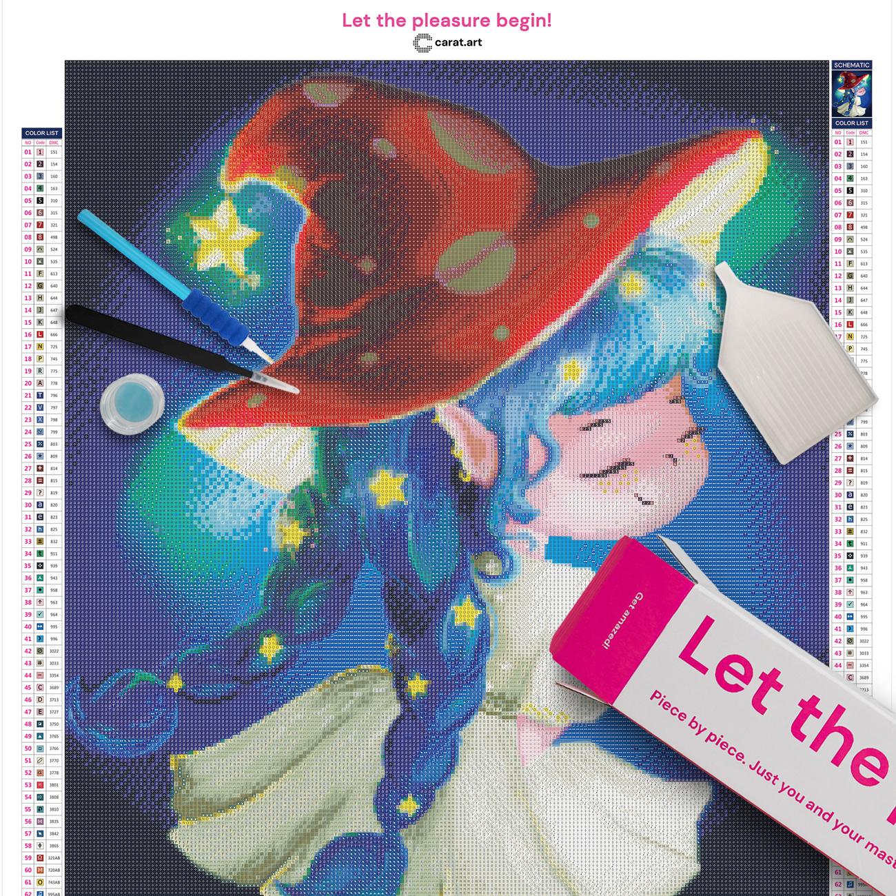 Komplettset für dein Diamond Painting Pilz Mädchen mit Premium Leinwand und Zubehör