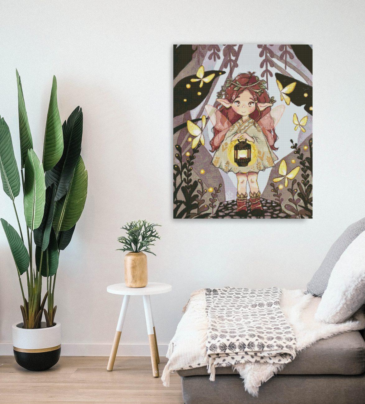 Diamond Painting Motiv mit Mädchen und Laterne als dekoratives Kunstwerk an der Wand