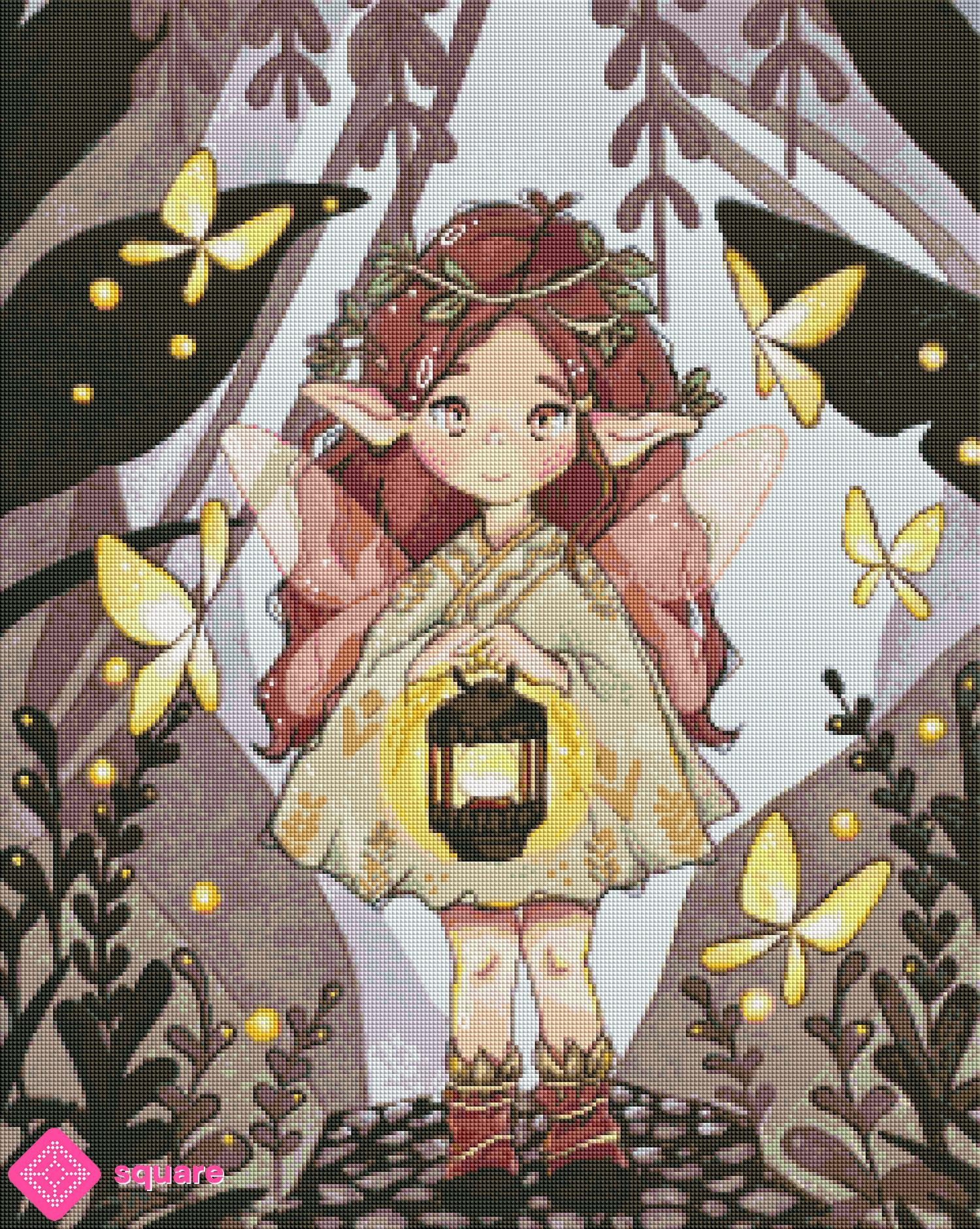 Diamond Painting Vorschau eines Motivs mit Mädchen, Laterne und funkelnden Details