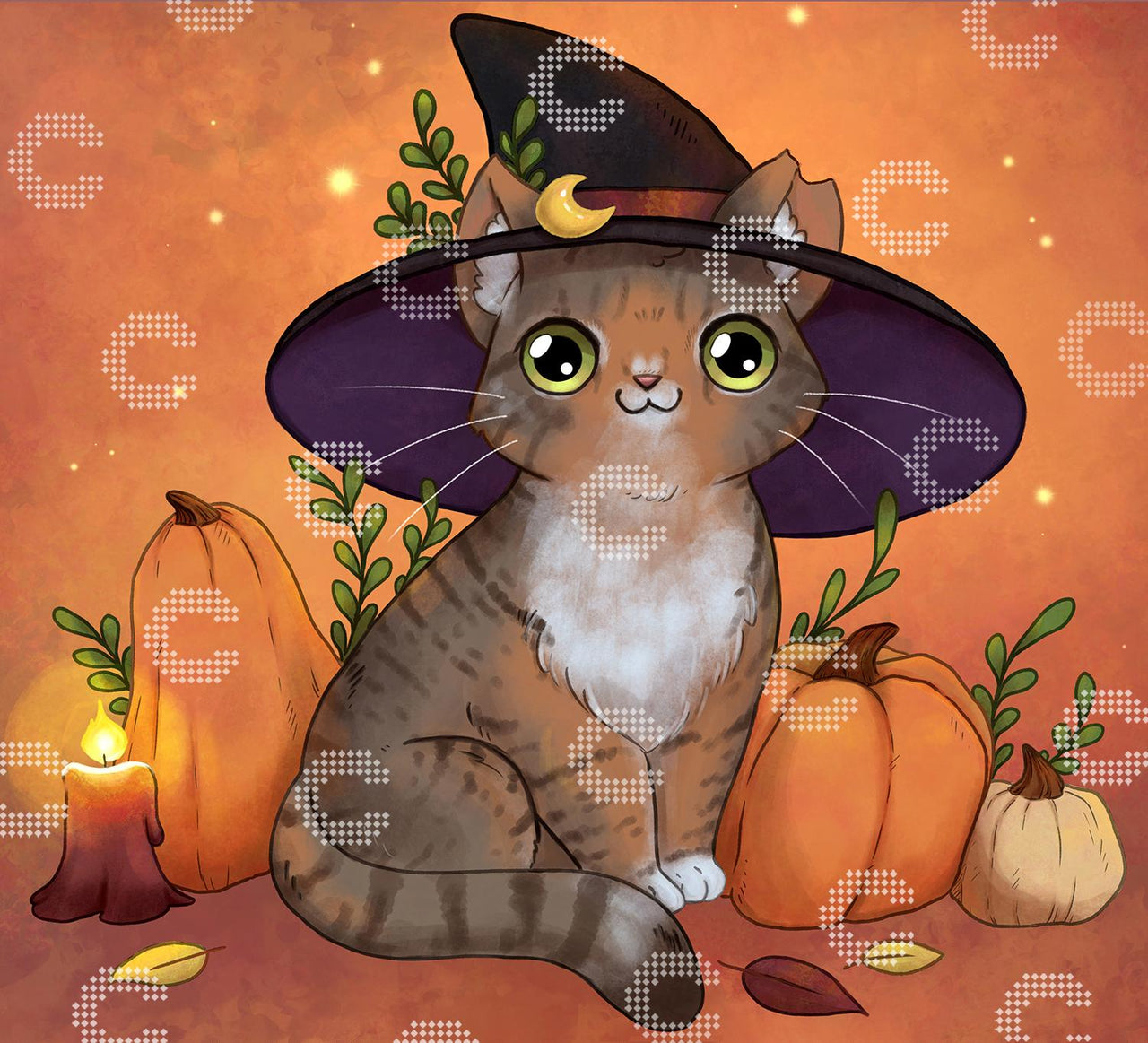 Diamond Painting Katze mit Halloween Motiv und Kürbis