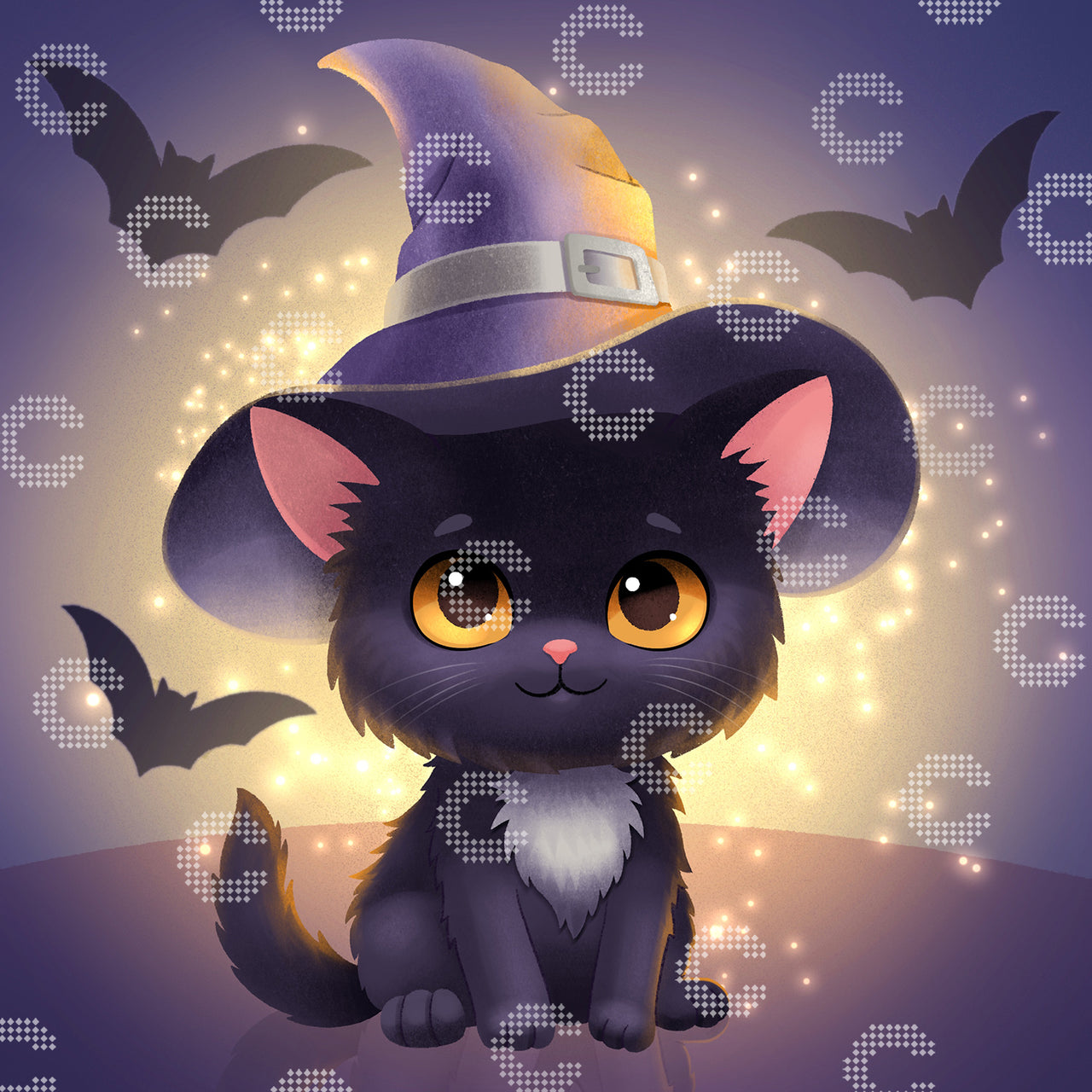 Diamond Painting Halloween Katze mit Fledermäusen und herbstlichen Details