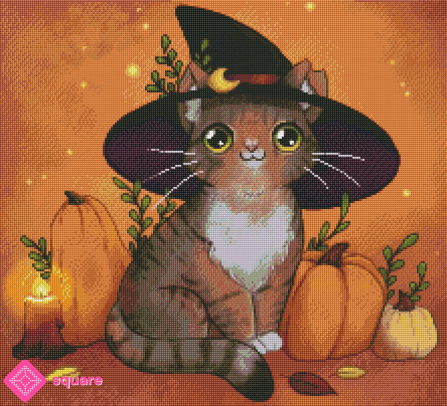 Diamond Painting Vorschau mit Halloween Katze und funkelnden Details