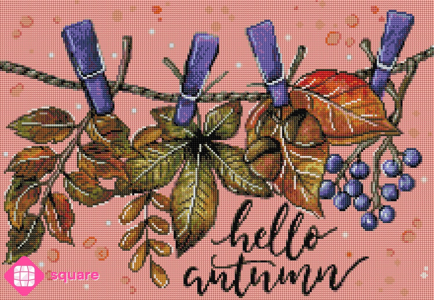 Diamond Painting Vorschau mit Hello Autumn Motiv und Herbstblättern