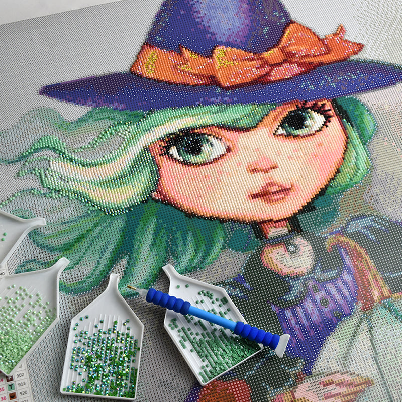 Hexe mit grünen Haaren und Hut Diamond Painting