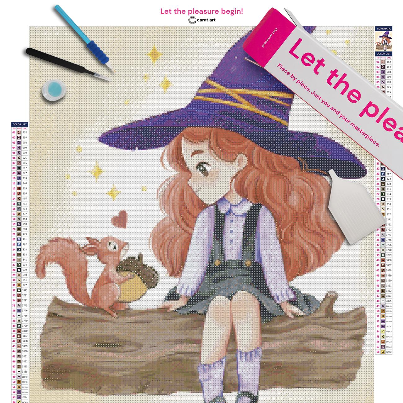 Diamond Painting kleine Hexe mit Eichhörnchen als Premium Set mit Leinwand und Diamond Painting Werkzeug