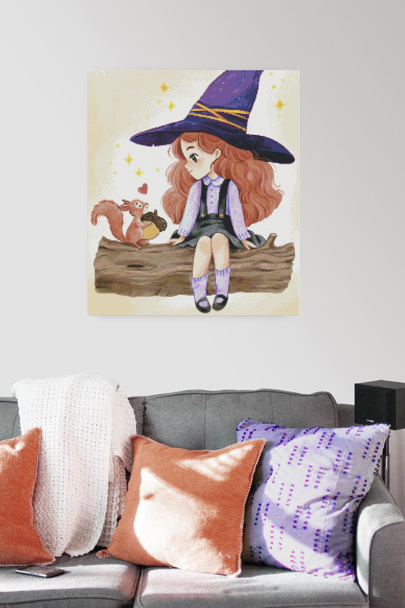 Diamond Painting mit kleiner Hexe und Eichhörnchen als herbstliche Dekoration