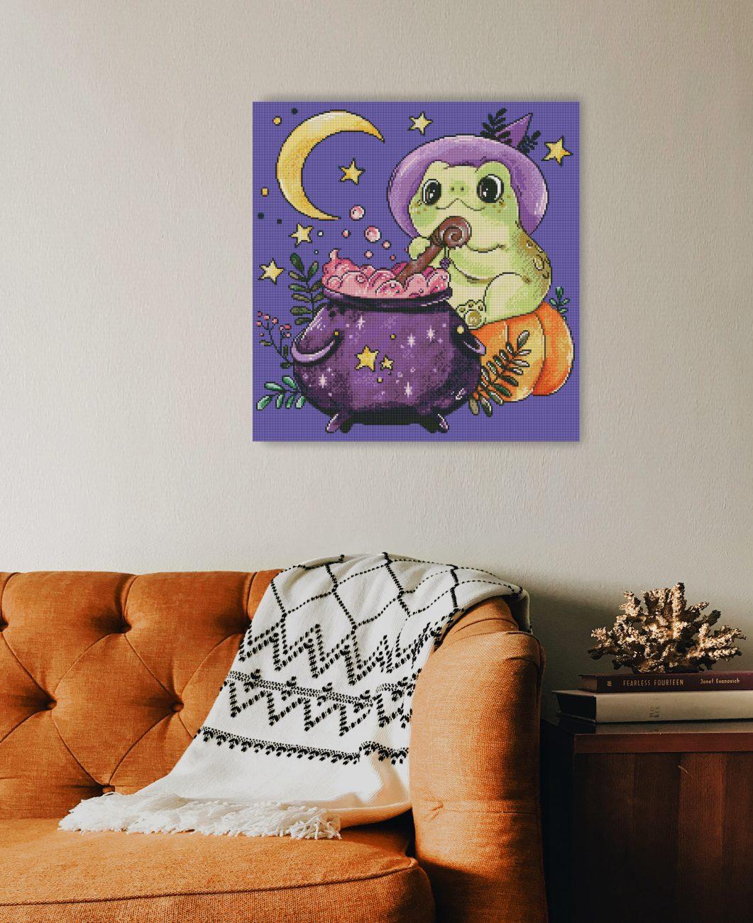 Diamond Painting Kröte mit Zauberkessel als Fantasy Wandbild für die Halloween-Deko