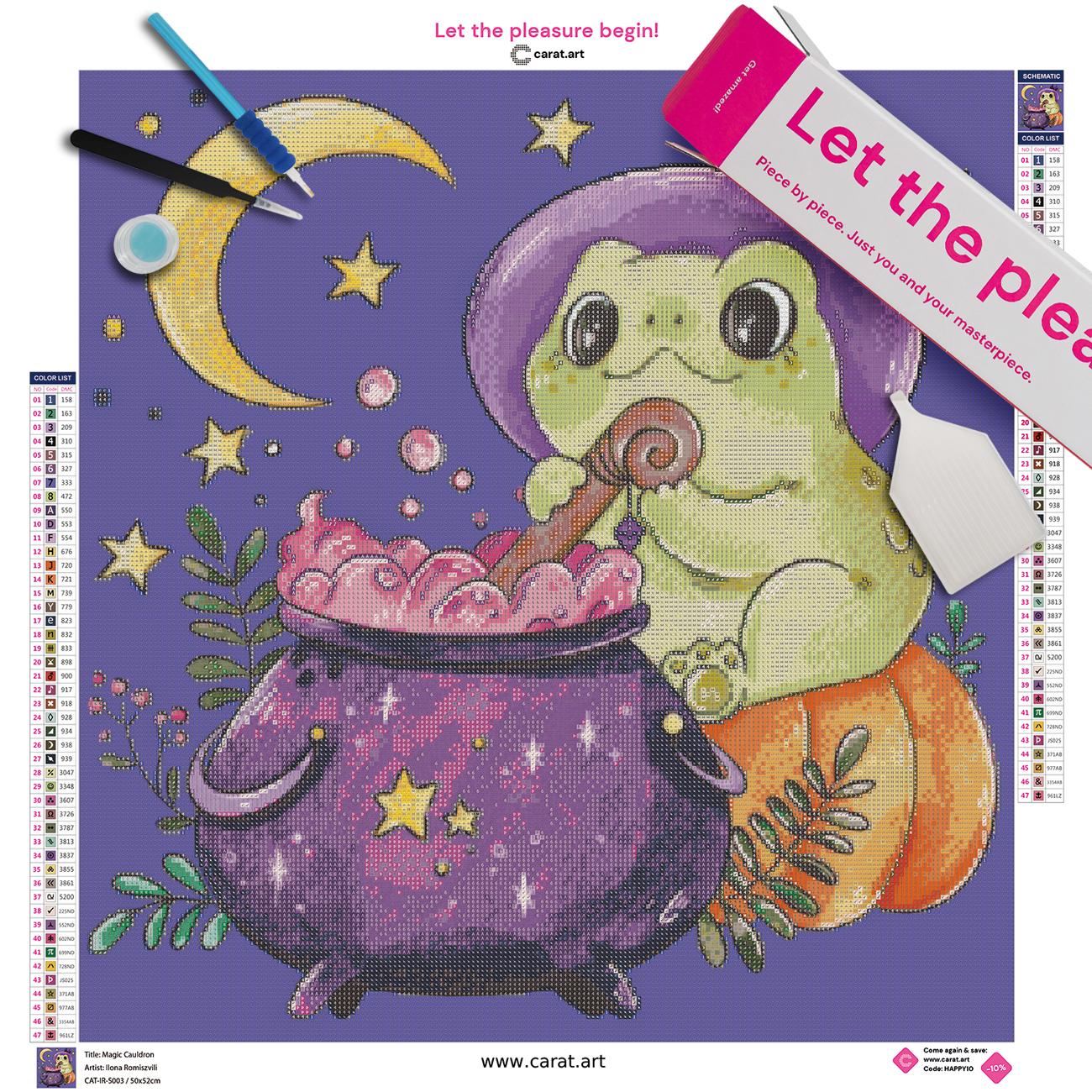 Diamond Painting Set mit Kröte und Zauberkessel Motiv inklusive Carat Art Verpackung und Werkzeug