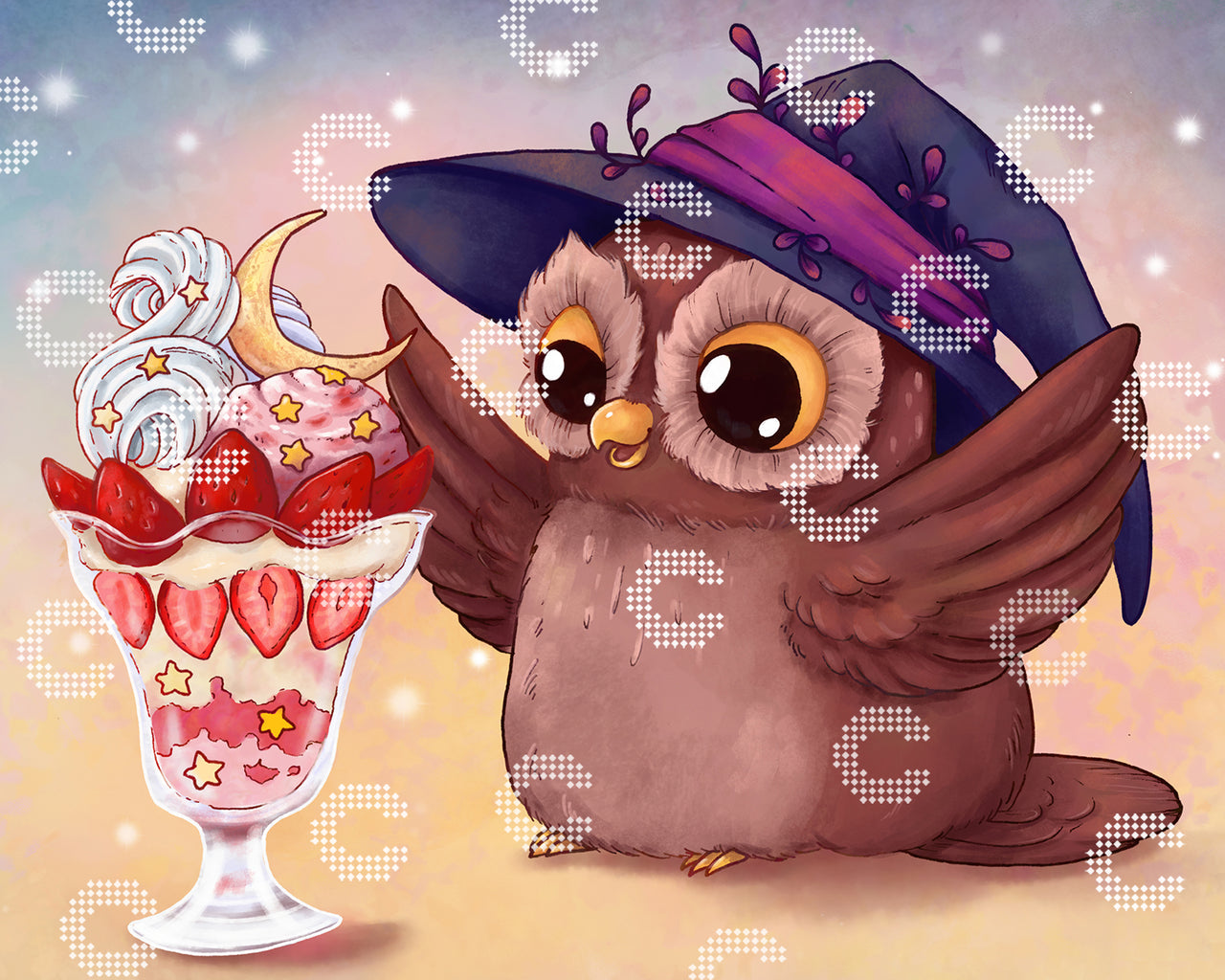 Diamond Painting Zaubereule mit Erdbeer Eisbecher und magischen Fantasy Details
