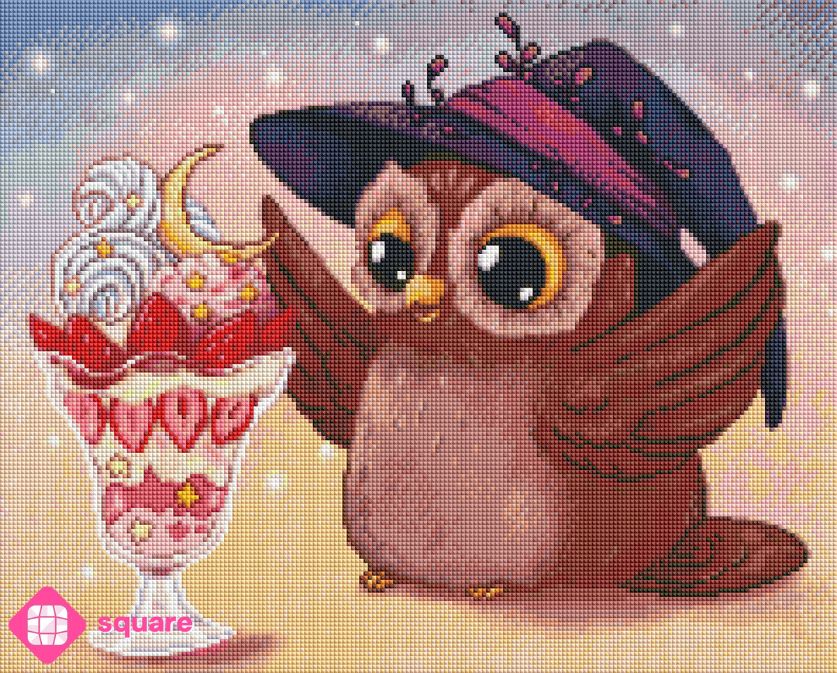 Diamond Painting Vorschau Zaubereule mit Erdbeer Sundae und funkelnder Steinoptik
