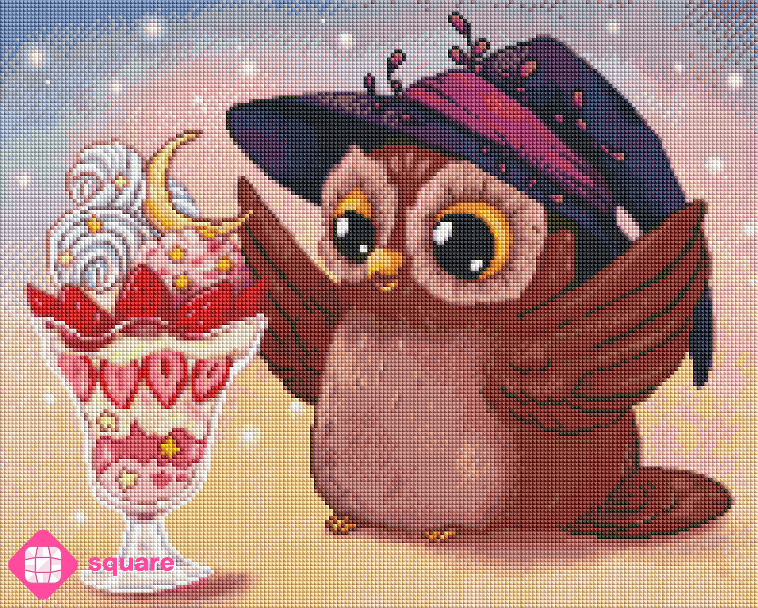 Diamond Painting Vorschau Zaubereule mit Erdbeer Sundae und funkelnder Steinoptik