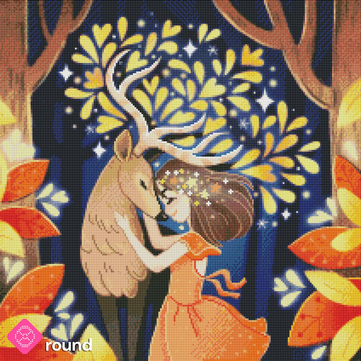Diamond Painting Vorschau mit Fantasy Motiv und funkelnden Details mit runden Steinen