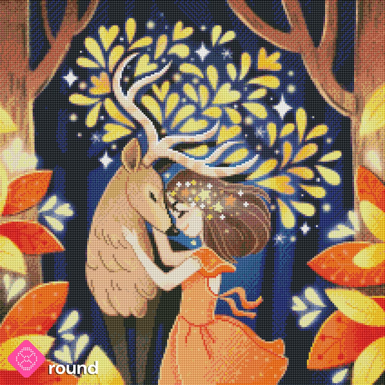 Diamond Painting Vorschau mit Fantasy Motiv und funkelnden Details mit runden Steinen