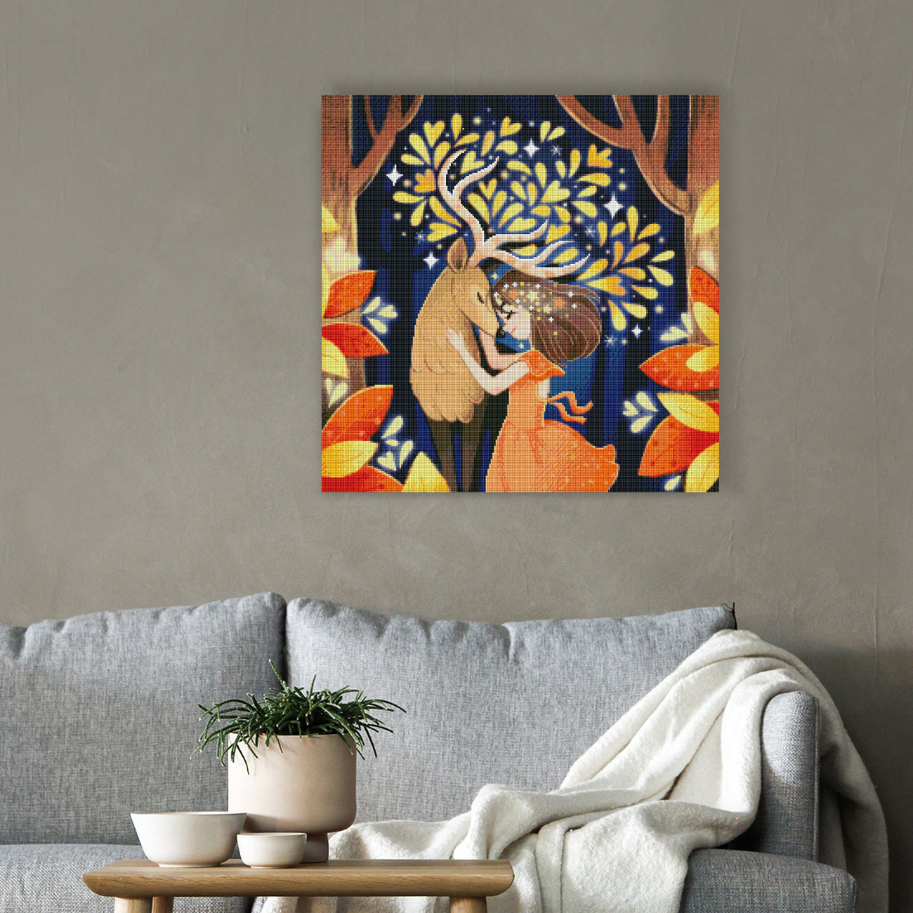 Diamond Painting Fantasy Motiv mit Mädchen und Hirsch im Wald als stilvolle Wandkunst