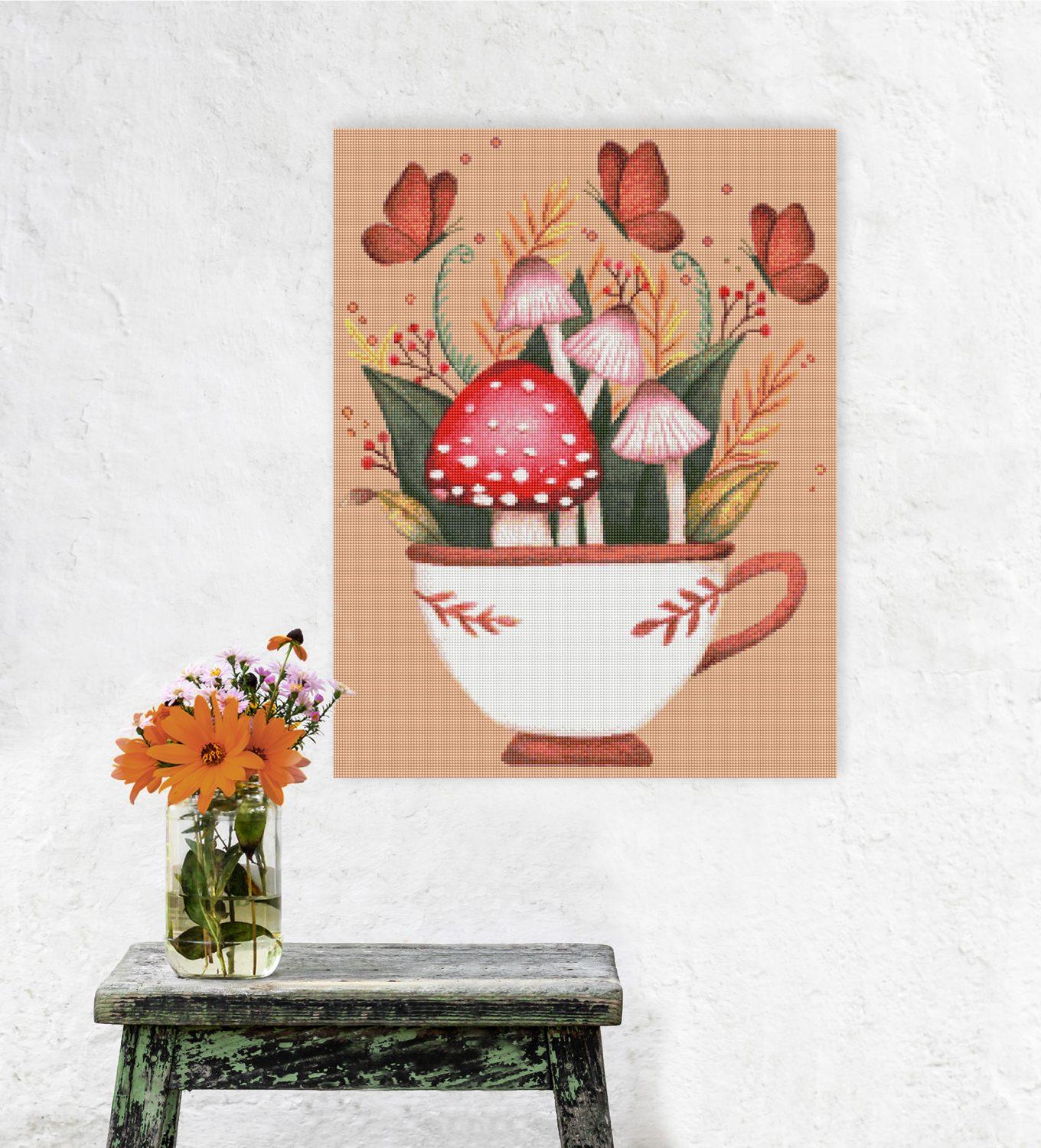 Diamond Painting Pilze in Tasse Motiv als dekorativer Hingucker