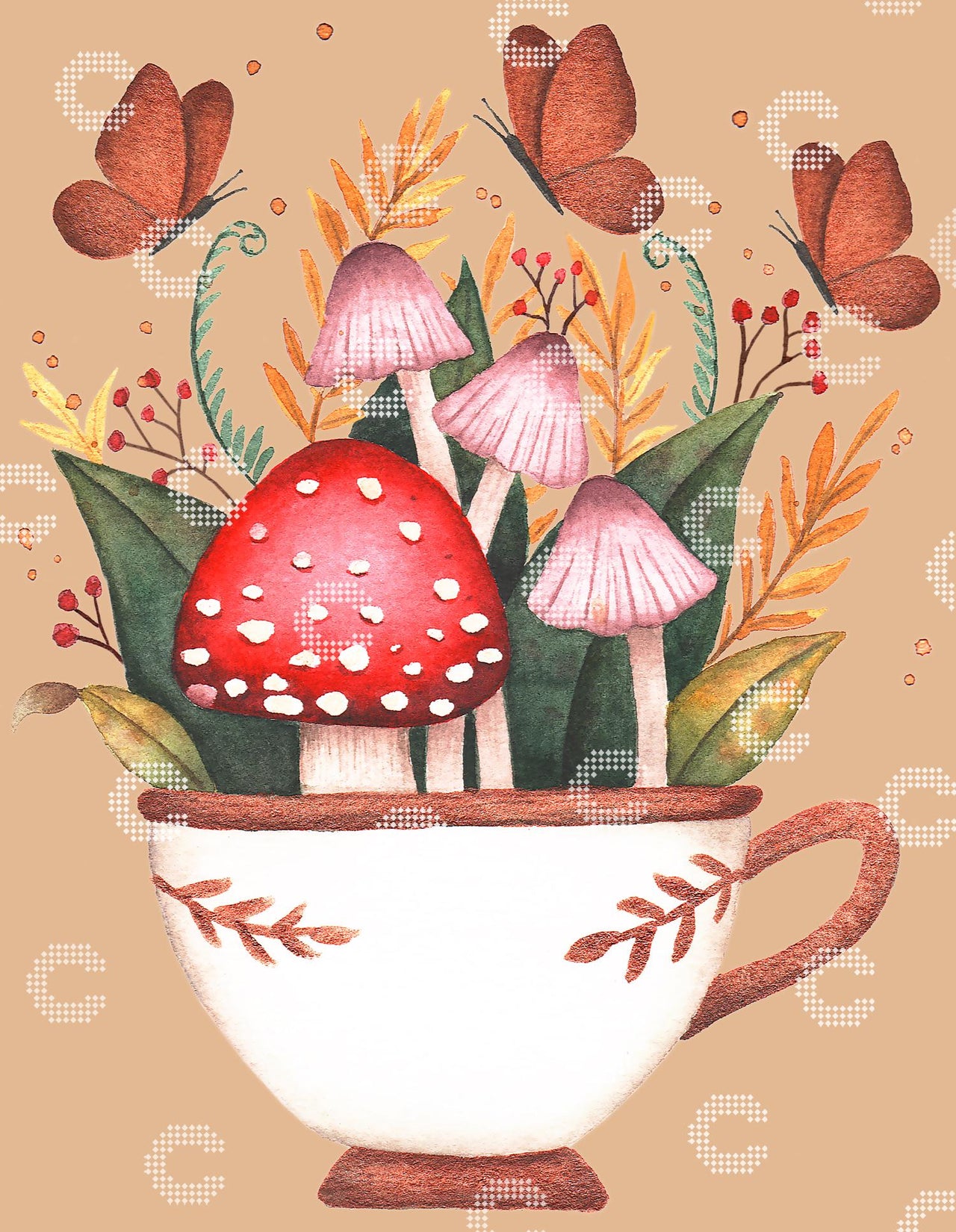 Diamond Painting Pilz Motiv mit Tasse, Schmetterlingen und Fantasy Details