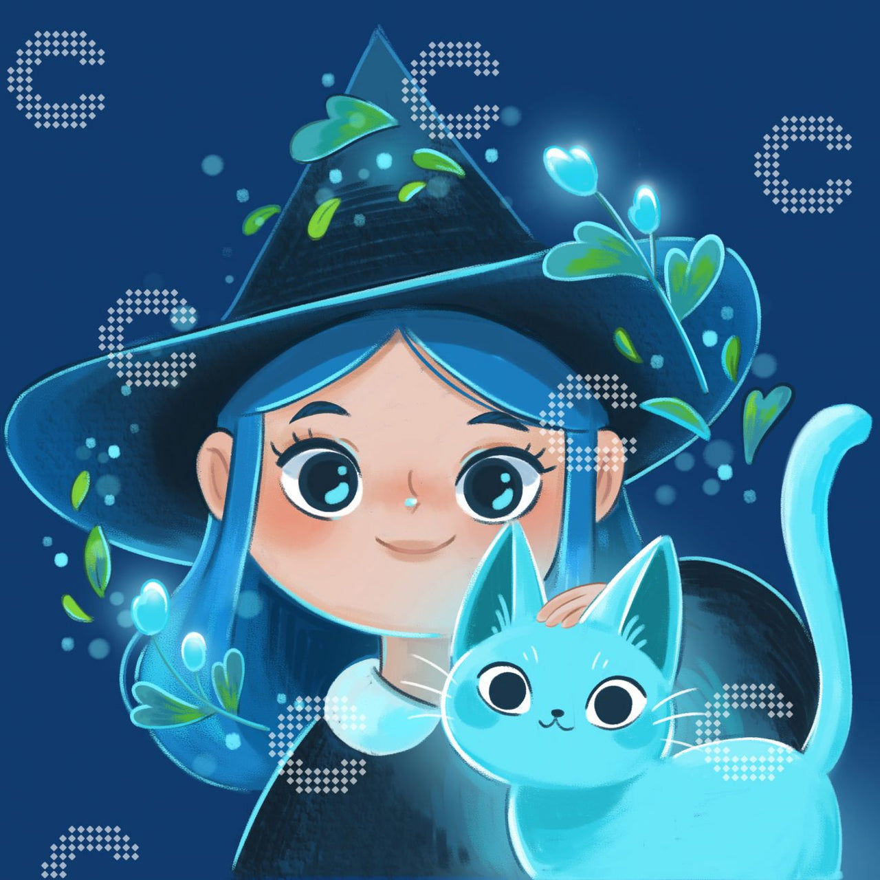 Diamond Painting kleine Hexe mit  Katze und liebevollen Details