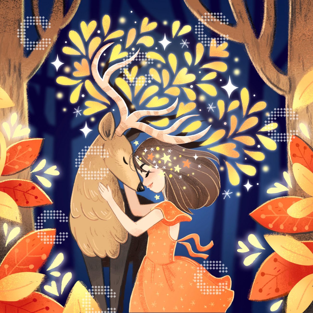 Diamond Painting Fantasy Motiv mit magischer Begegnung von Mädchen und Hirsch