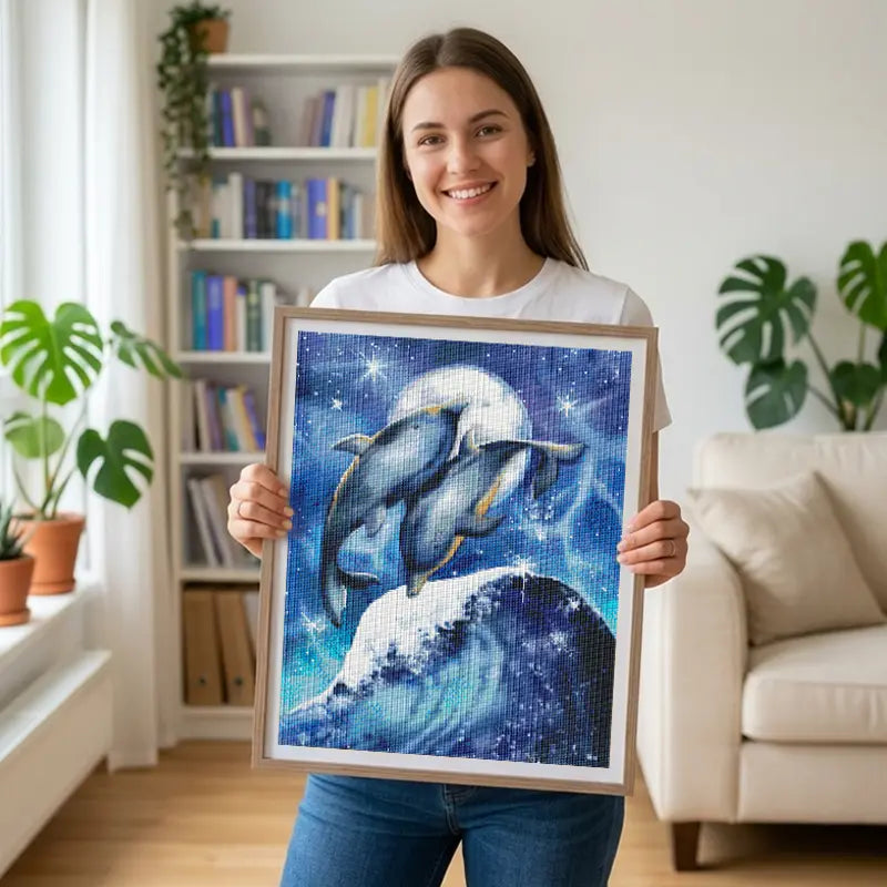 Diamond Painting Bild mit Delfinen als glitzernde Deko im Rahmen