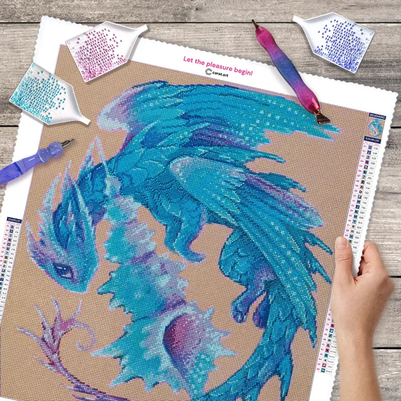 Diamond Painting Leinwand mit Steinchen, Diamond Painting Stiften und Schälchen  und Drachen Motiv
